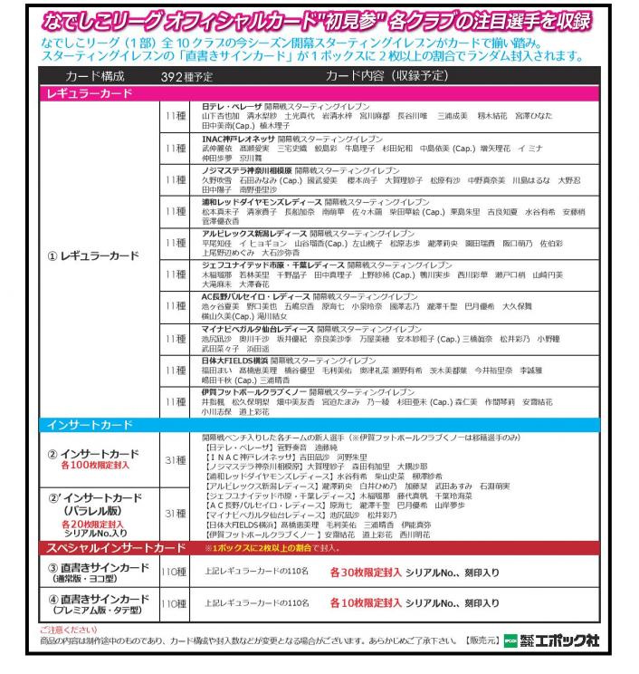EPOCH 2019 なでしこリーグオフィシャルトレーディングカード
