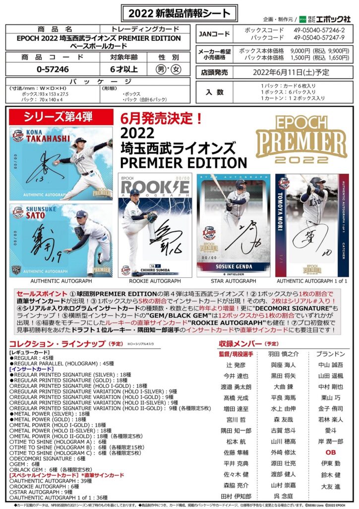 EPOCH 2022 埼玉西武ライオンズ PREMIER EDITION ベースボールカード