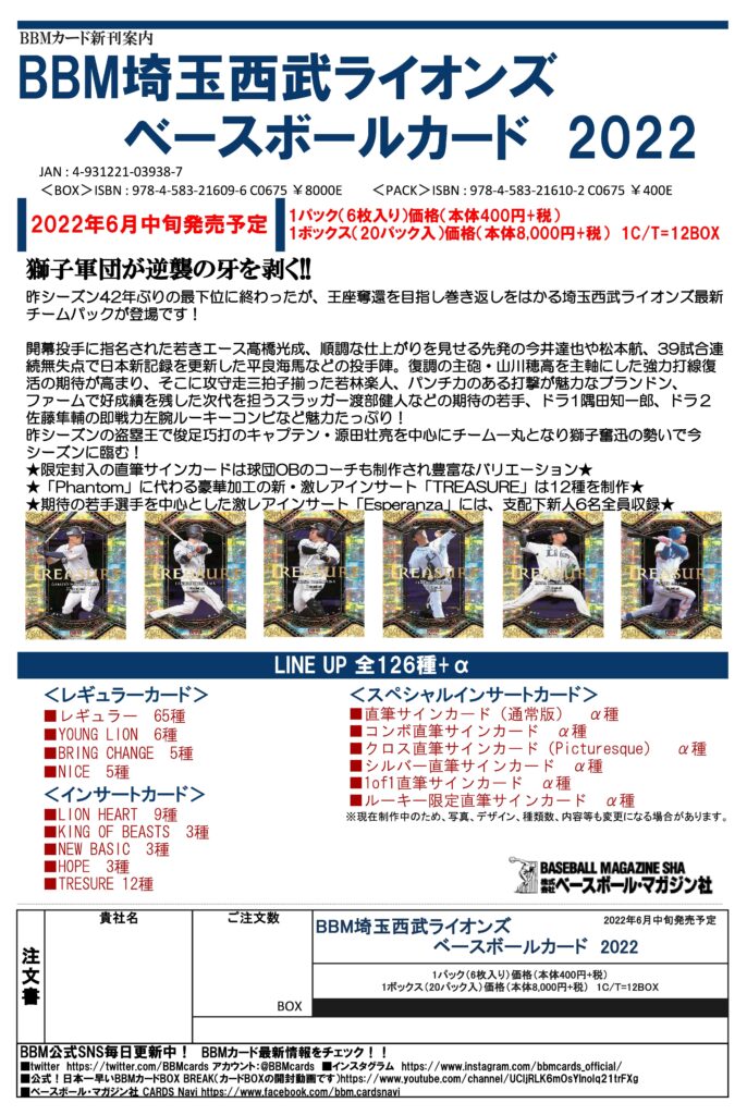 BBM 埼玉西武ライオンズ ベースボールカード 2022