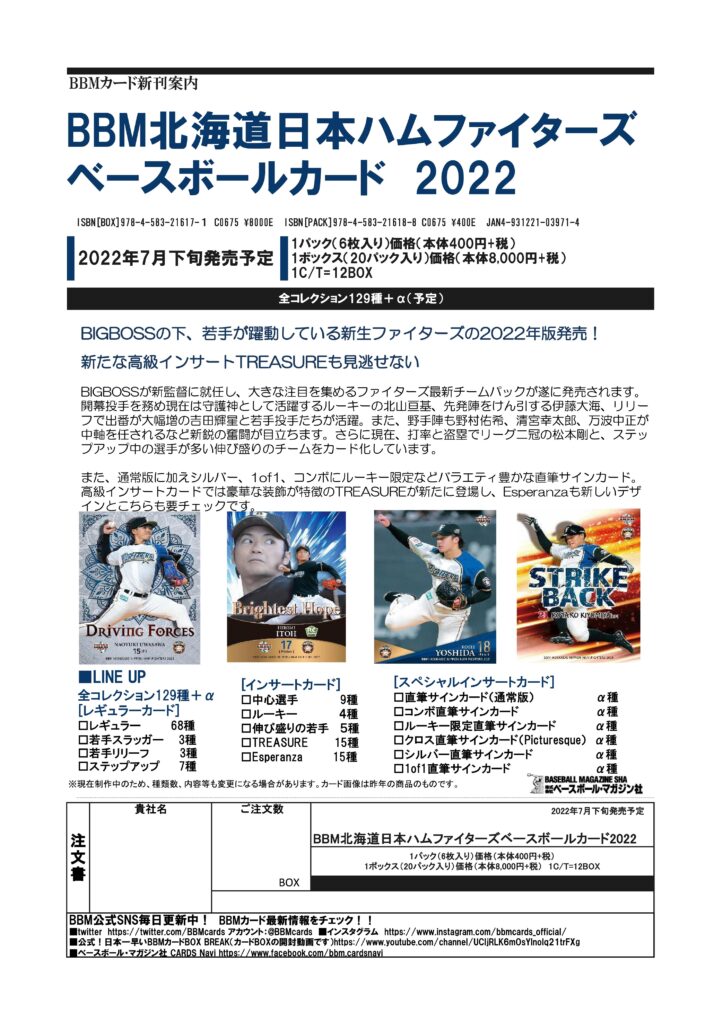 BBM 北海道日本ハムファイターズ ベースボールカード 2022