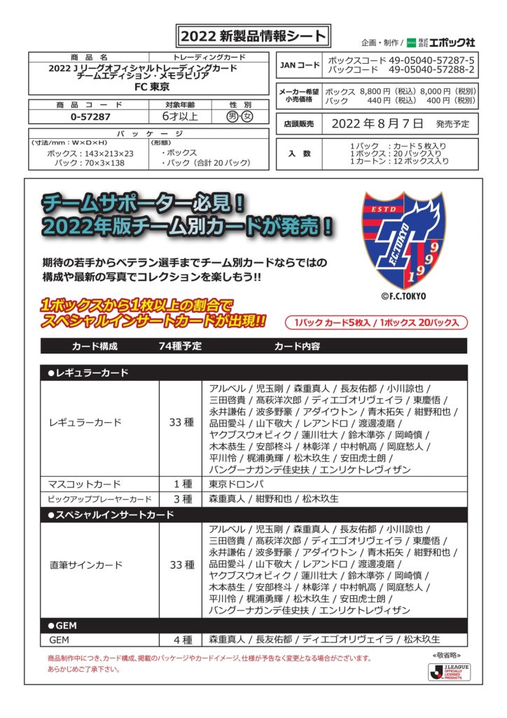 ⚽ EPOCH 2022 Jリーグオフィシャル トレーディングカード チームエディション・メモラビリア FC東京【製品情報】 | Trading  Card Journal