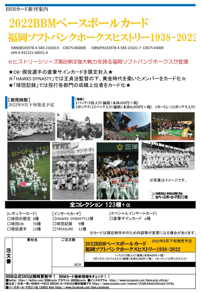 2022 BBM ベースボールカード 福岡ソフトバンクホークスヒストリー 1938-2022