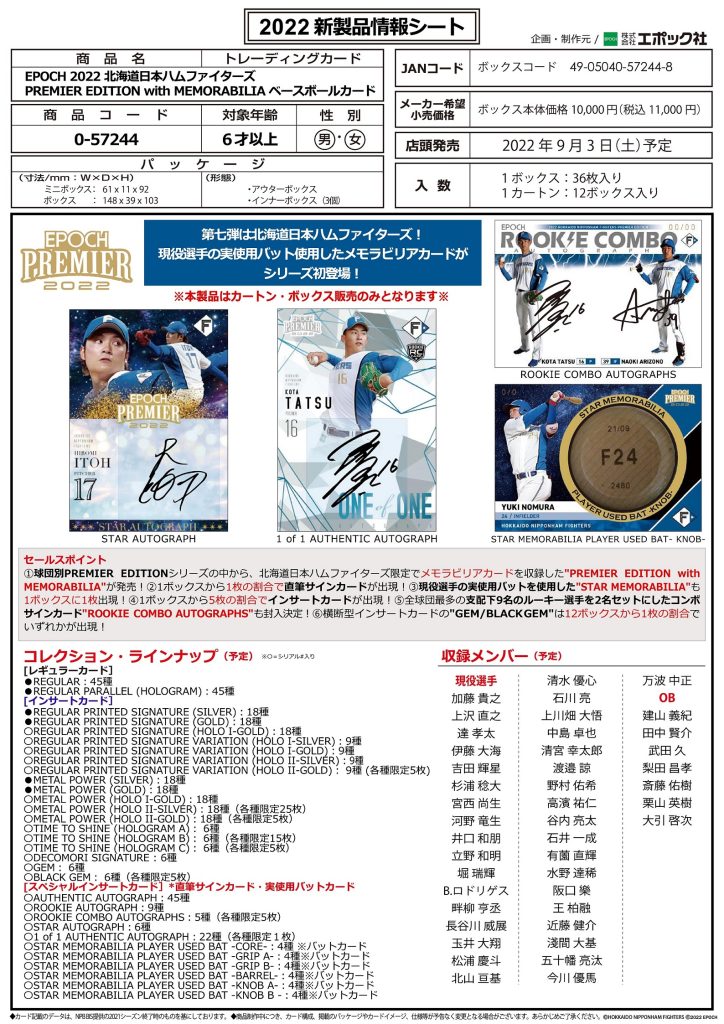 EPOCH 2022 北海道日本ハムファイターズ PREMIER EDITION with MEMORABILIA ベースボールカード