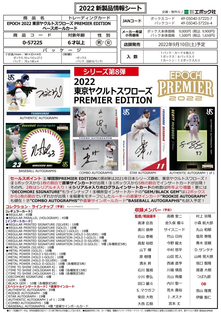 EPOCH 2022 東京ヤクルトスワローズ PREMIER EDITION ベースボールカード