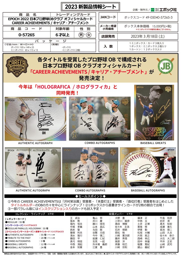 EPOCH 2022 日本プロ野球OBクラブ オフィシャルカード CAREER ACHIEVEMENTS/キャリア・アチーブメント