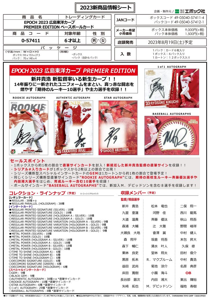 EPOCH 2023 広島東洋カープ PREMIER EDITION ベースボールカード