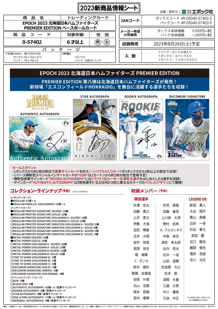 EPOCH 2023 北海道日本ハムファイターズ PREMIER EDITION ベースボールカード