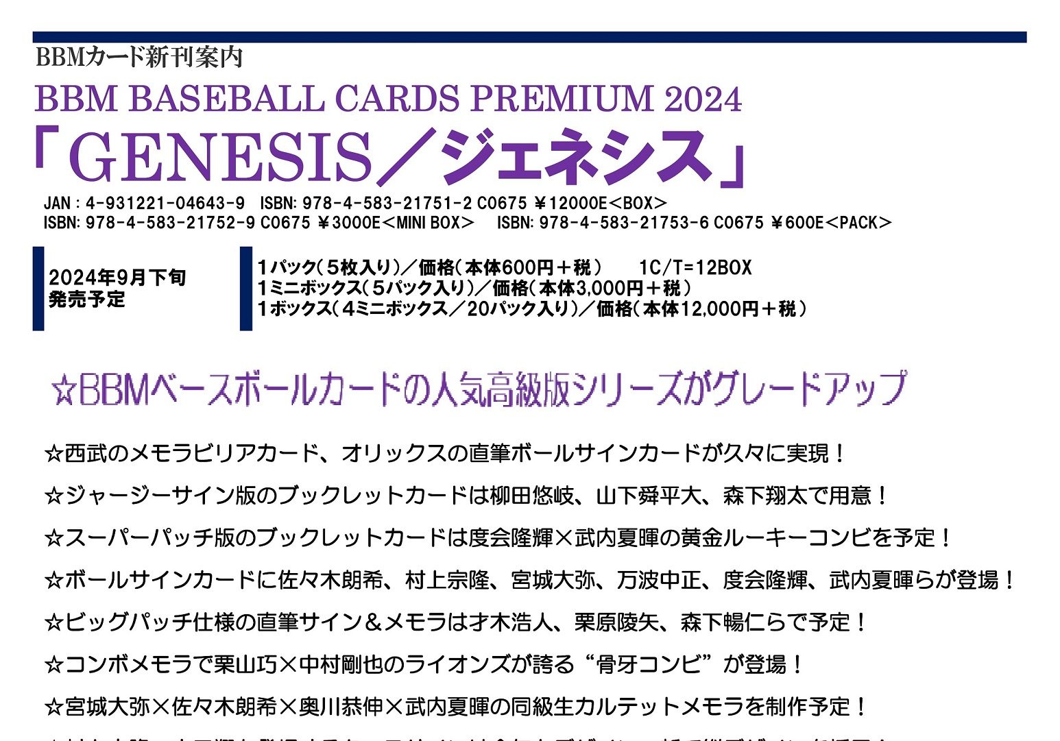 BBM BASEBALL CARDS PREMIUM 2024 『GENESIS／ジェネシス』 Trading Card Journal
