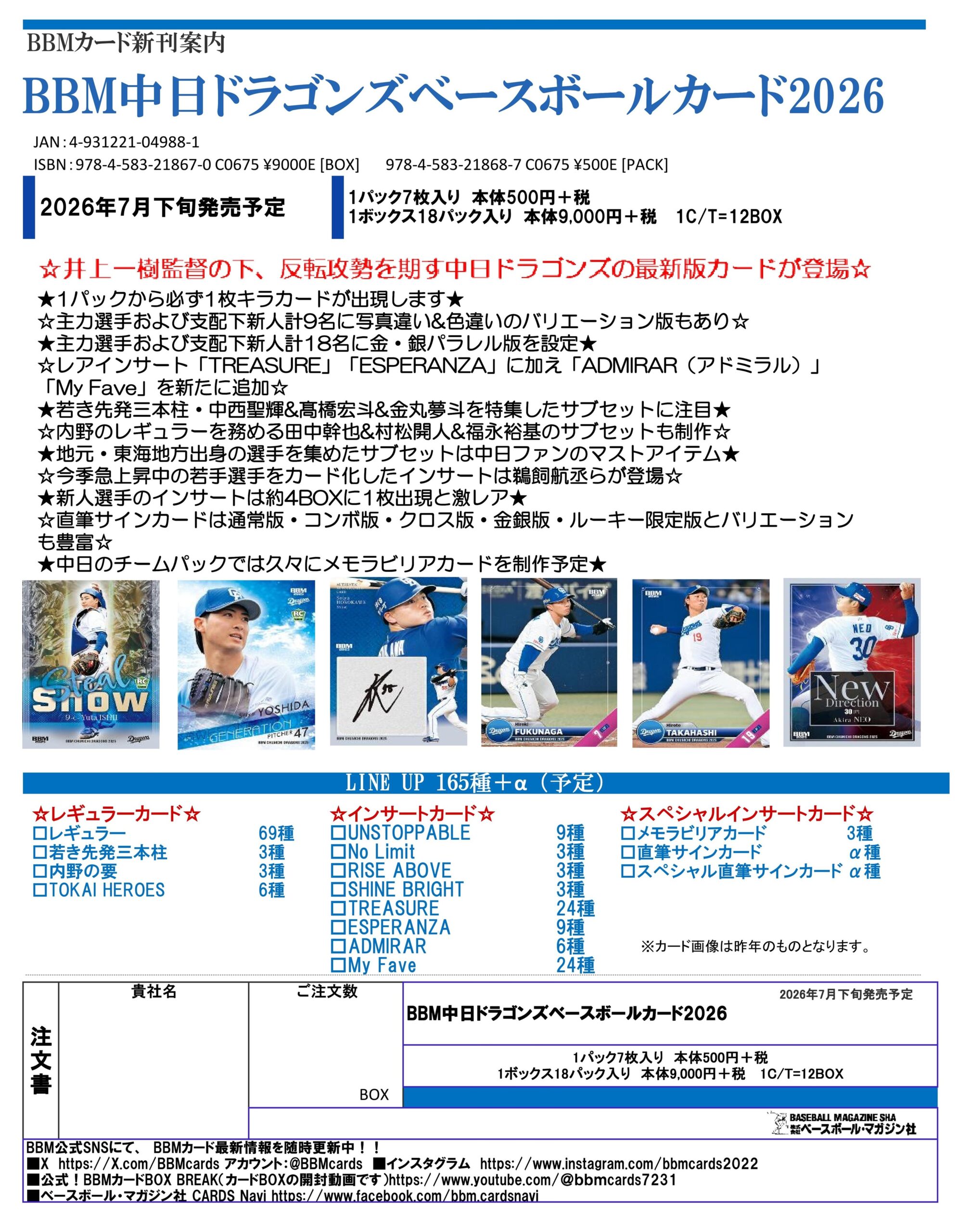 製品情報】BBM 中日ドラゴンズ ベースボールカード 2026