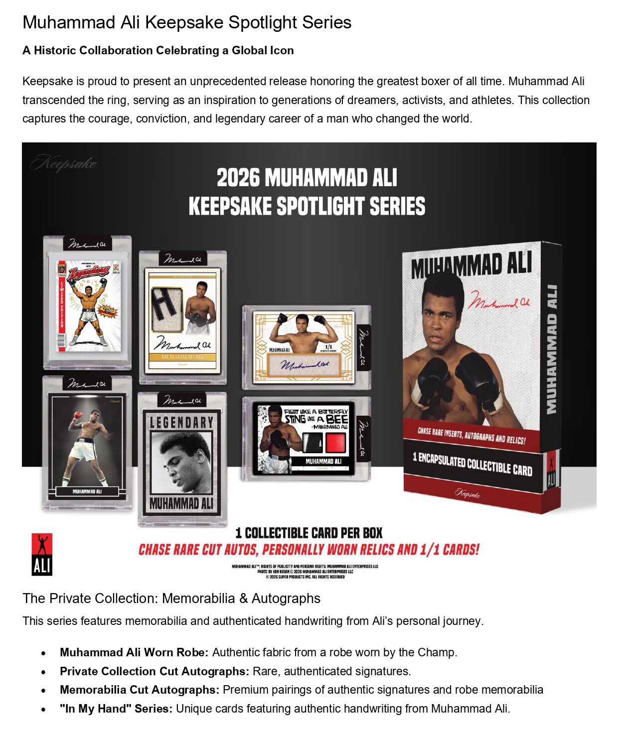 muhammad ali モハメド アリ 直筆サインカード　世界2500枚限定 製品情報】2026 SUPER BREAK MUHAMMAD ALI KEEPSAKE SPOTLIGHT SERIES
