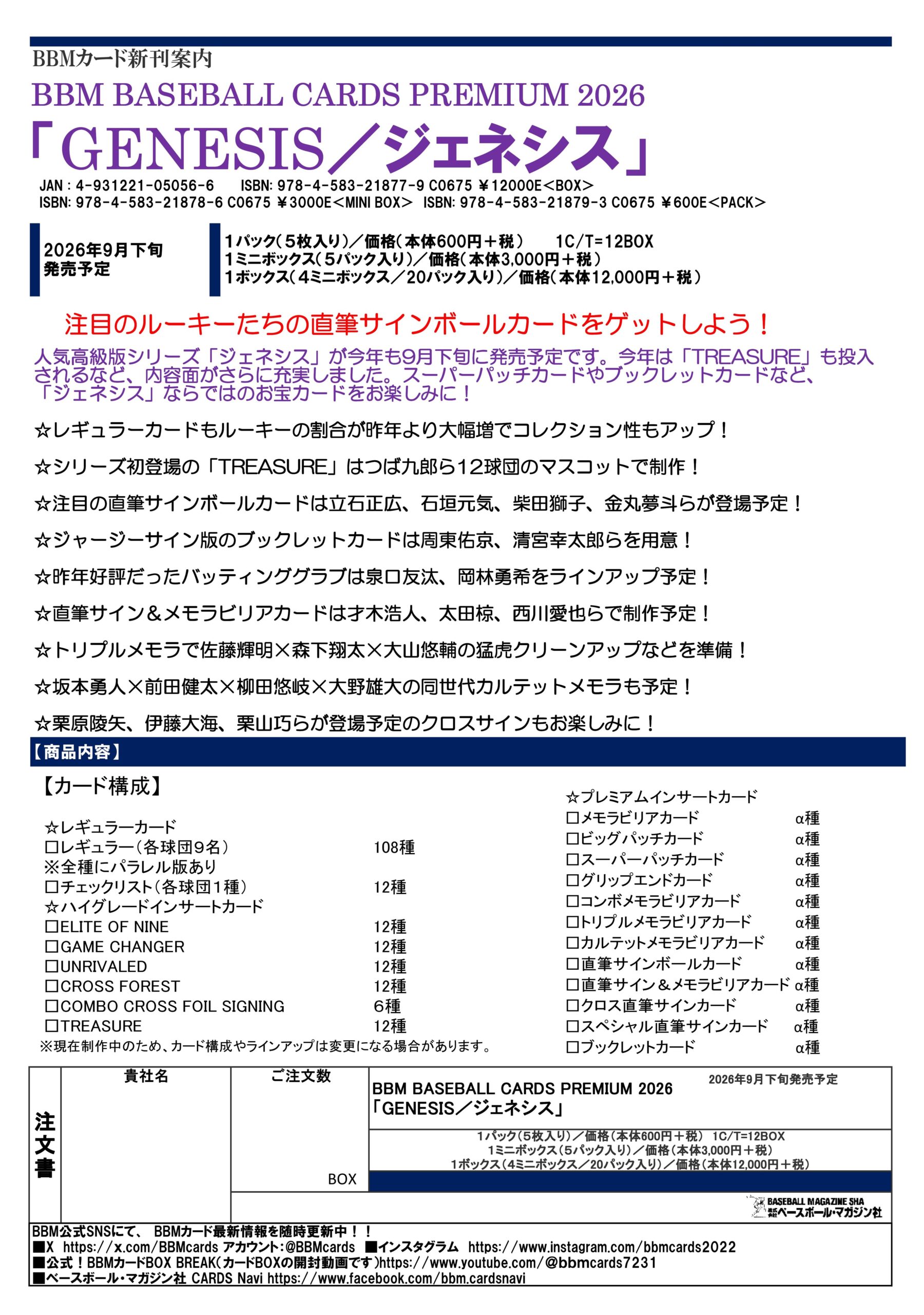 製品情報】BBM BASEBALL CARDS PREMIUM 2026「GENESIS／ジェネシス」